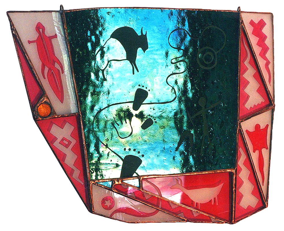 Petroglyph design sandblasted stained glass art image by Mark Frederick Fisher